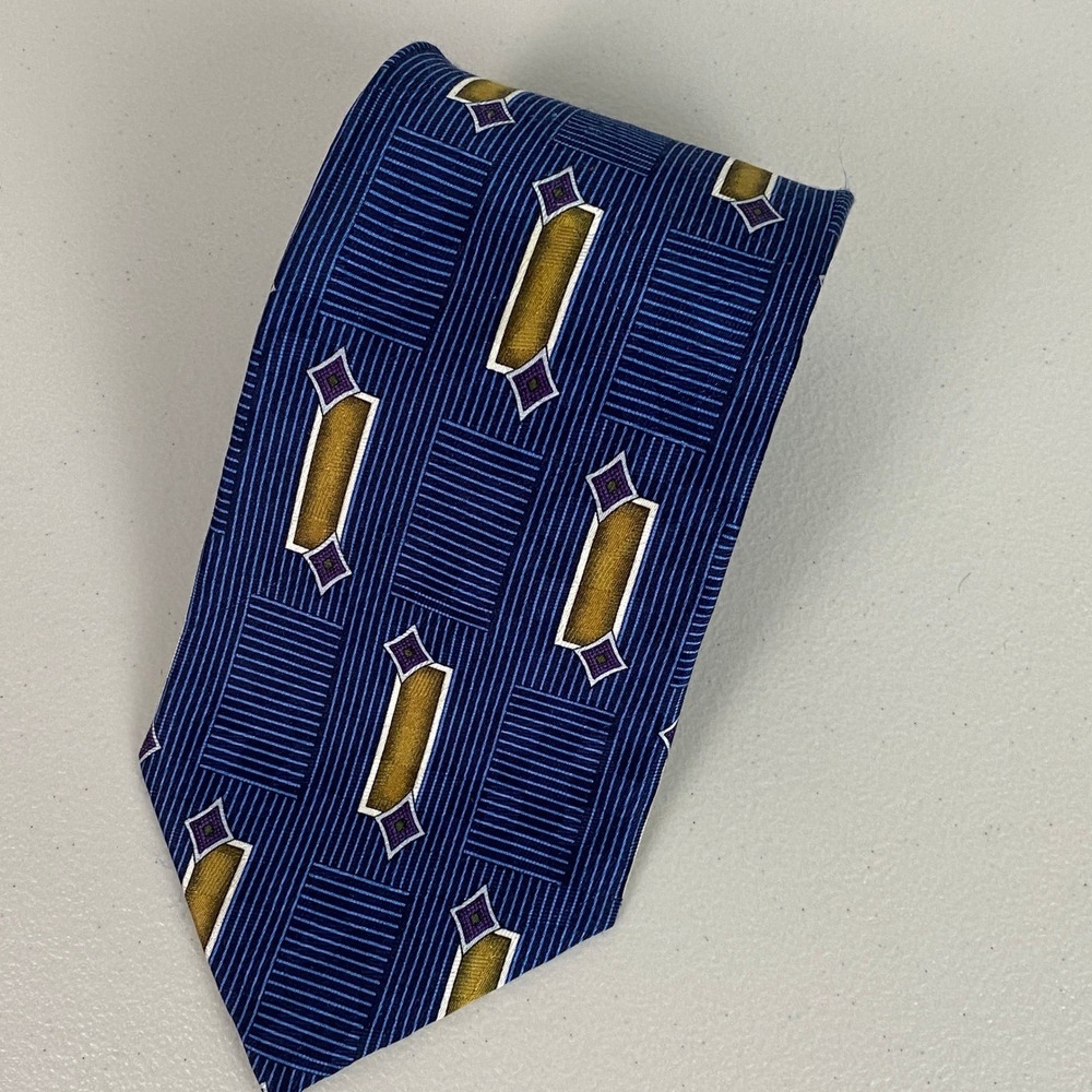 VTG Zoni Inc Geometric Abstract Silk Necktie Mens OS Navy Gold Purple Textured